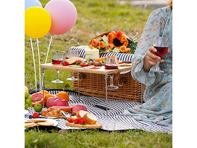 Cesta de Piquenique de Madeira Tecida Utensílios Isolados Conjunto de Couro Personalizado Barato para 2